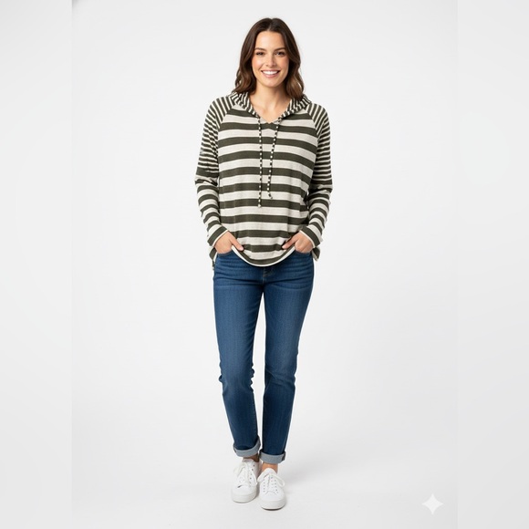 CAbi Tops - CAbi Playoff Hoodie Olive White Striped Oversized Lightweight Knit Top Size S